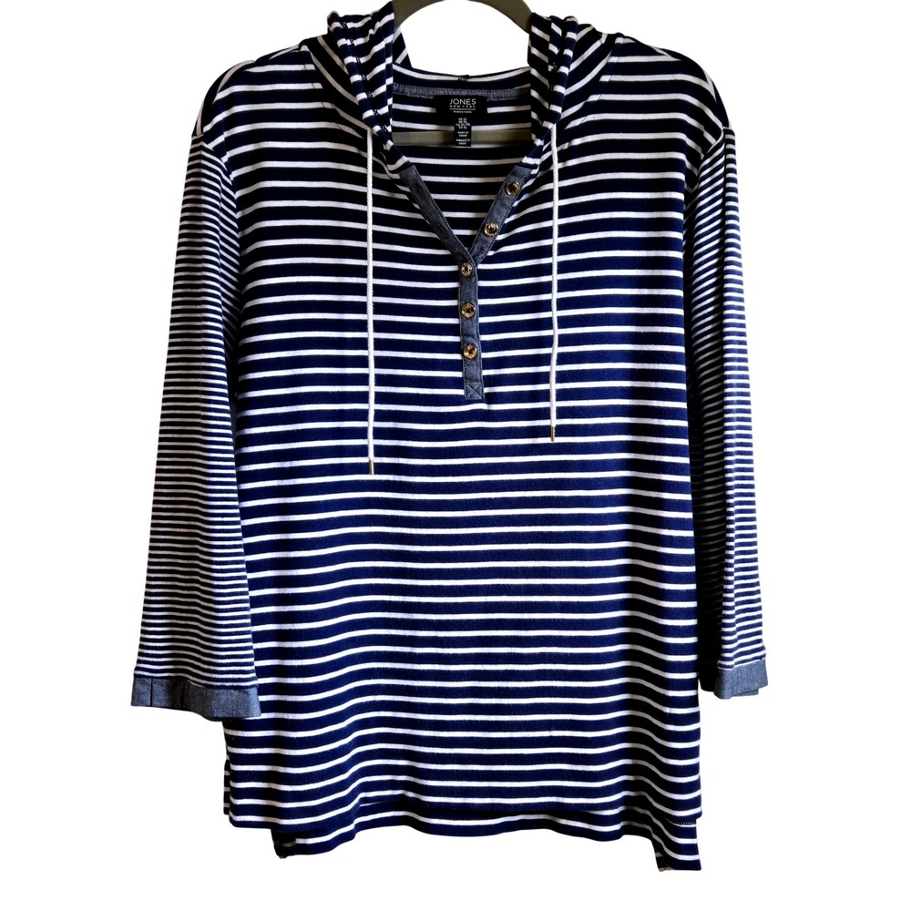 Jones New York Classic Chic Navy White Striped Hooded Henley Top 3/4 Sleeve XL